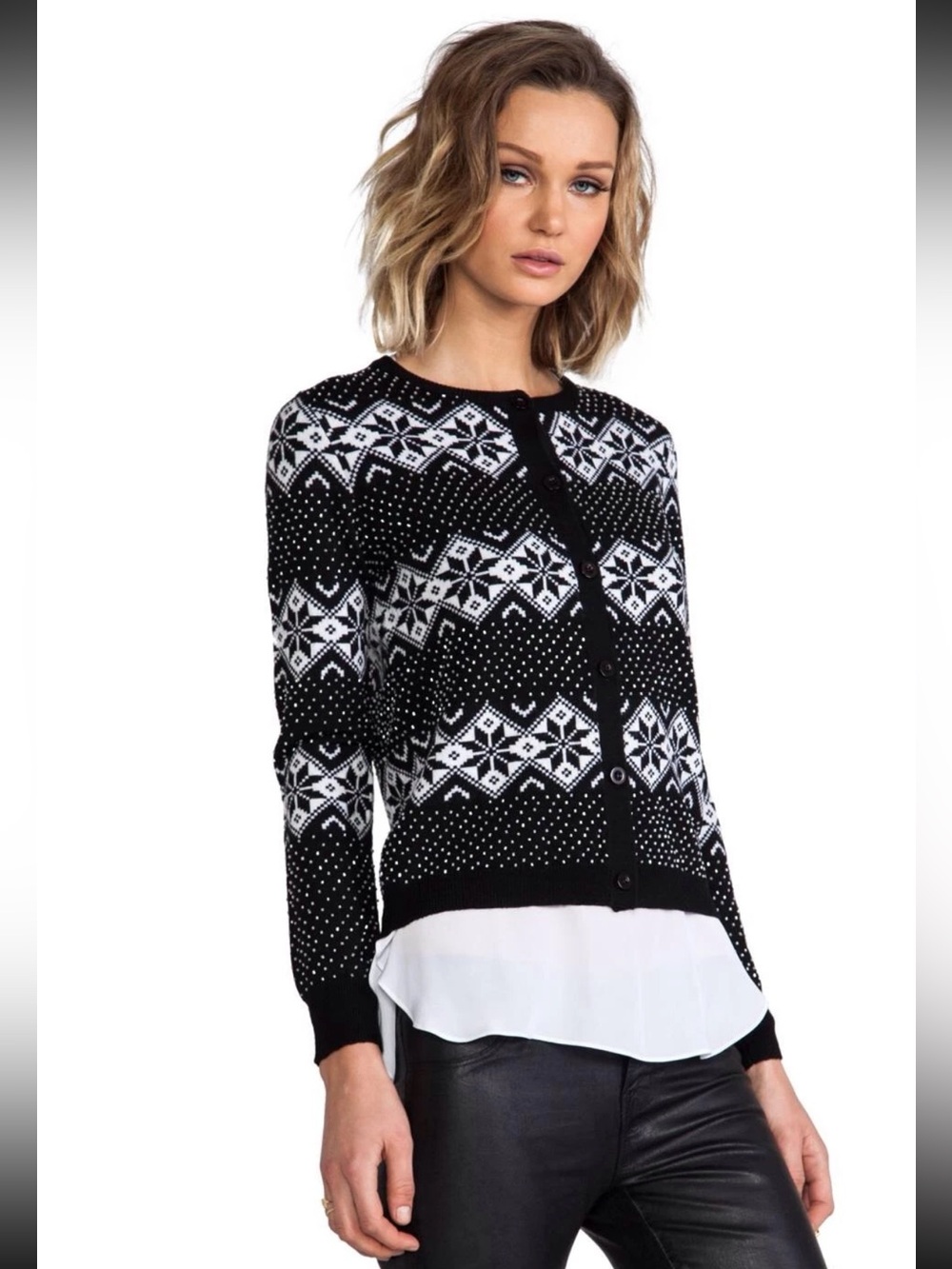 ALICE + OLIVIA SNOW JACQUARD AND BEADS CARDIGAN WOOL KNIT TOP SWEATER SIZE L - Picture 5 of 16